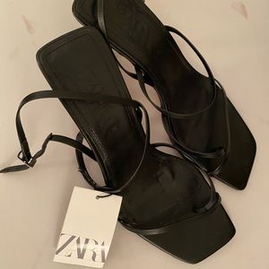 Zara Mid Heel Black Strappy Leather Sandals